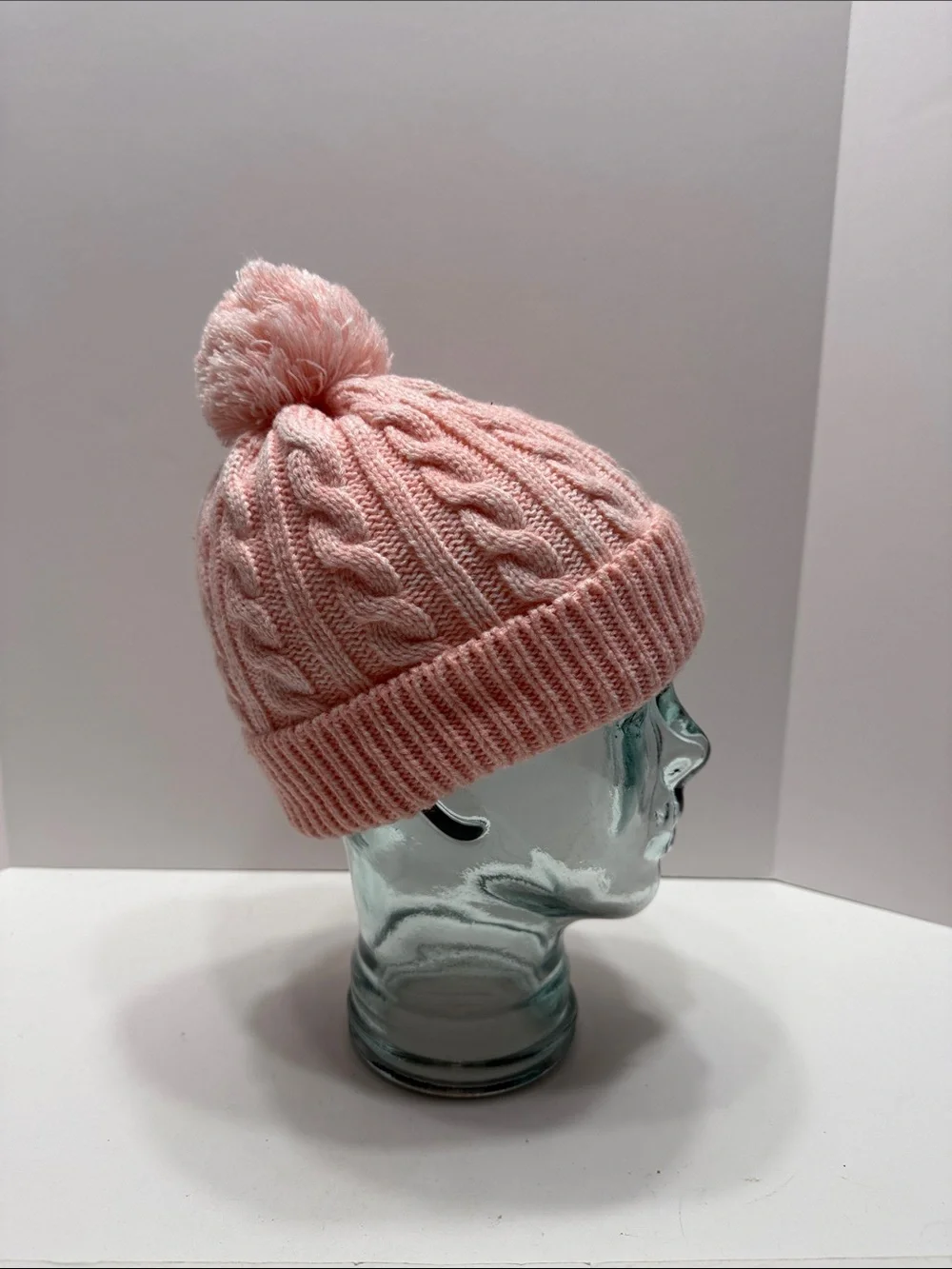 Soft Pink Cable-Knit Pom Pom Beanie for Kids